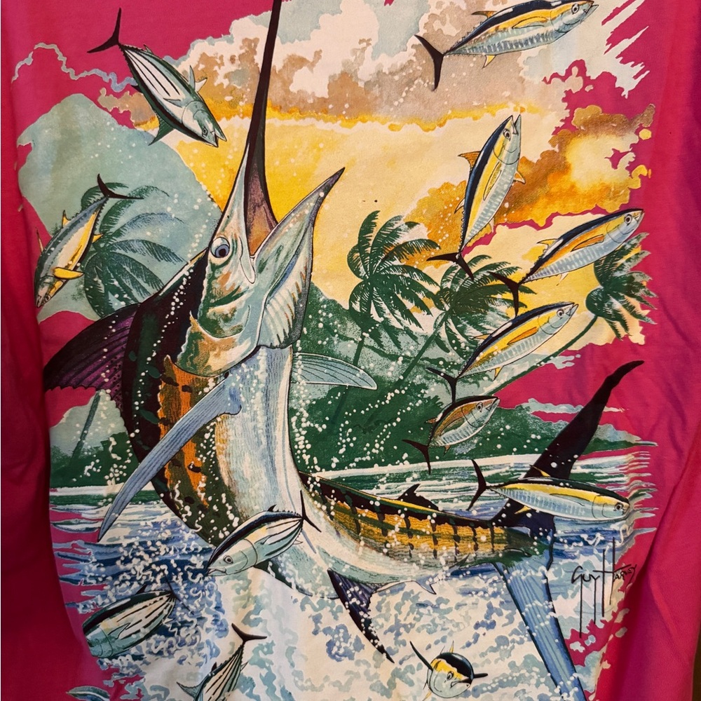 Guy Harvey Bright Pink Vibrant Fish and Marlin Graphic T-Shirt, M